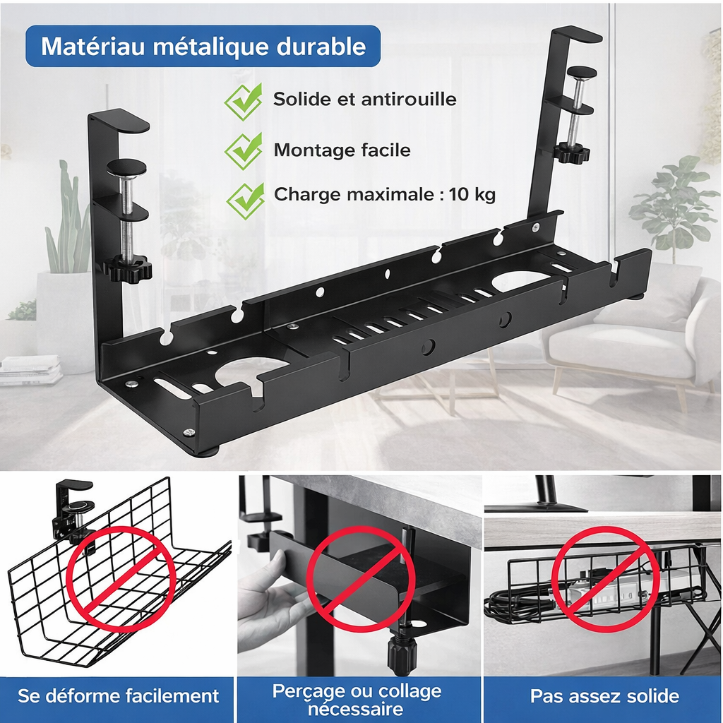 Organisateur de Câbles Sous Bureau — Rangement Télescopique en Métal